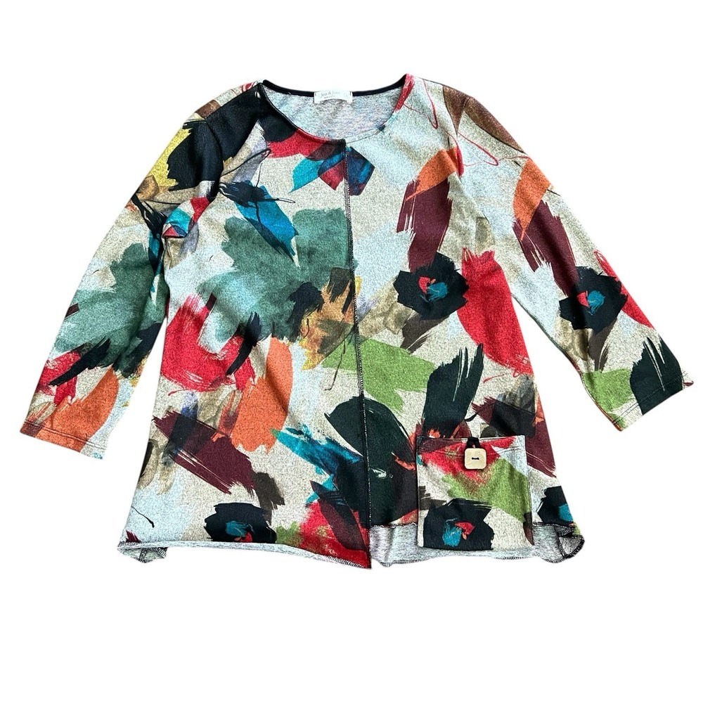 Jess & Jane French Brushed Knit Tunic Small Abstract Multicolor Art To Wear
